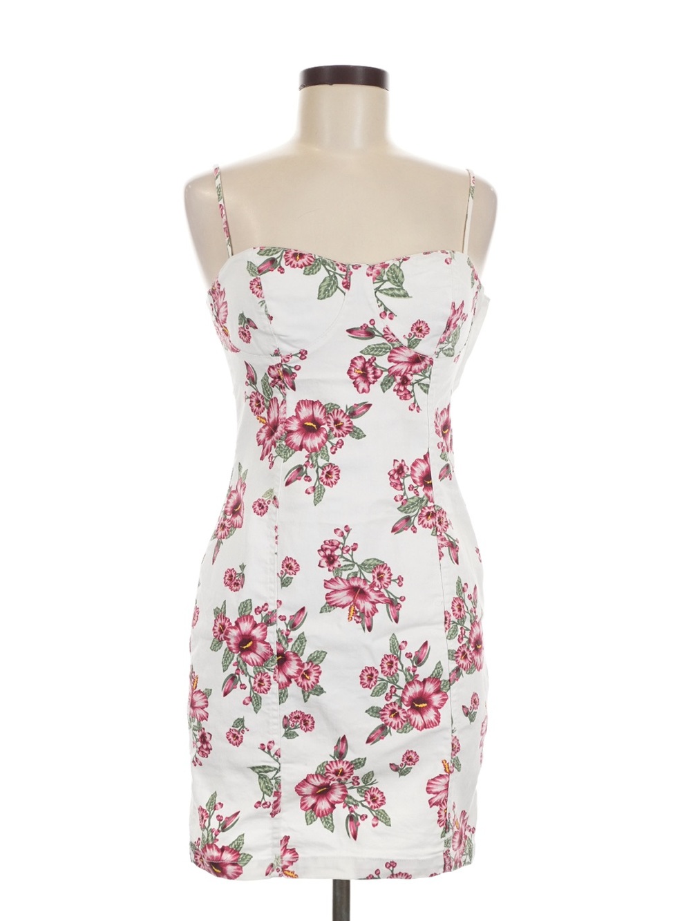 🌺 White Denim Bustier Hibiscus Floral Dress H&M Pink Flowers Large Sweetheart